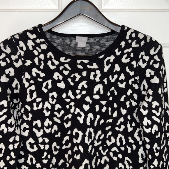 Chico’s Animal Print Sweater Crewneck Small (Chico’s 0) Black White - Picture 2 of 10